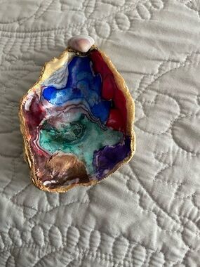 Hand-Painted Colorful Oyster Shell Dish with Gold Rim